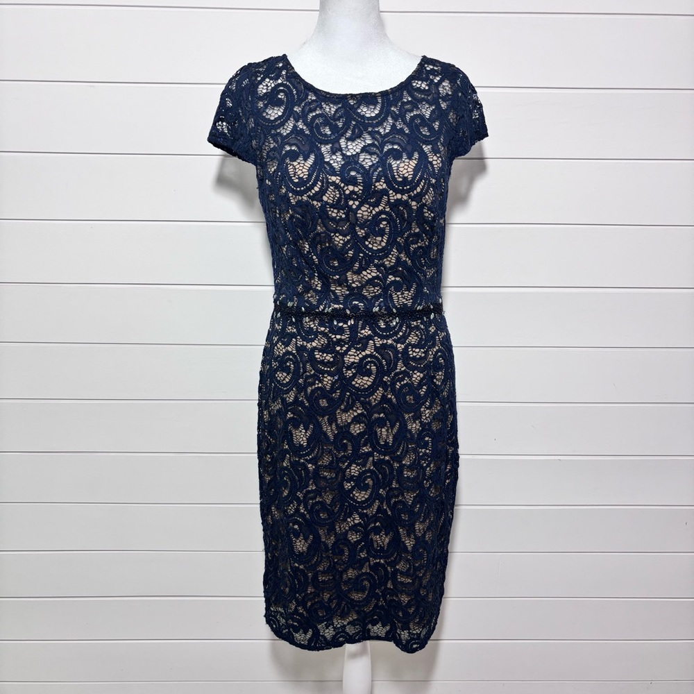 JACKIE JON Couture Navy & Nude Lace & Sequin Midi Dress Embellished Waistline 4